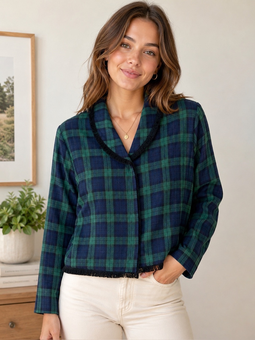 Bechamel Green and Navy Plaid Petite Jacket 100% cotton | Size PS